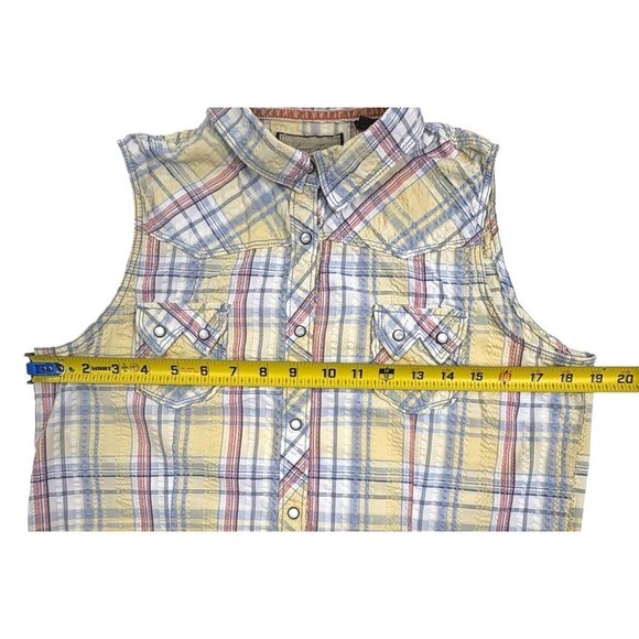 Legacy Falls Western Pearl Snap Pastel Plaid Seersucker Sleeveless Shirt Rodeo M - Picture 9 of 14